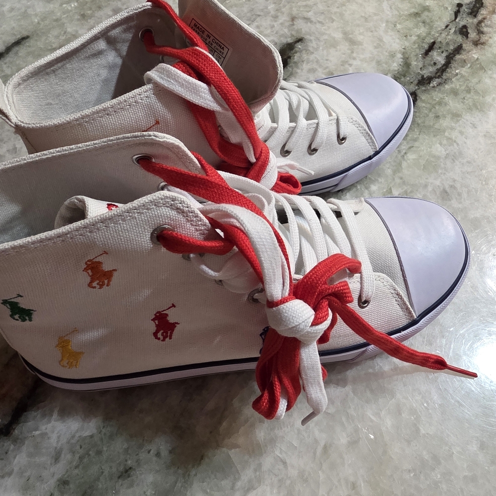 Polo Ralph Lauren UNISEX White High-Top Sneakers with Red Laces